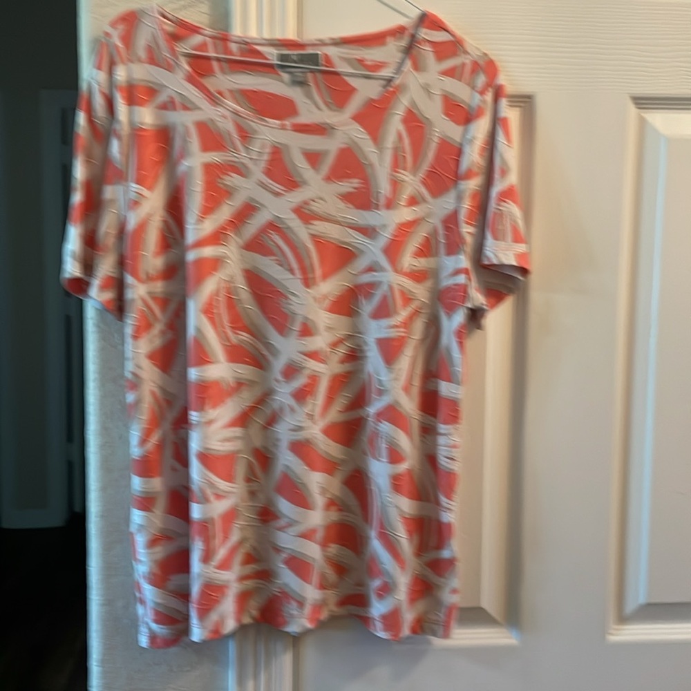 JM COLLECTION Coral White Design Textured Short Sleeve Loose Top Petite XL